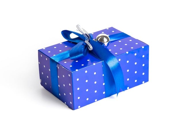 Blue Gift Box With blue Ribbon and toy on white Background Christmas present box