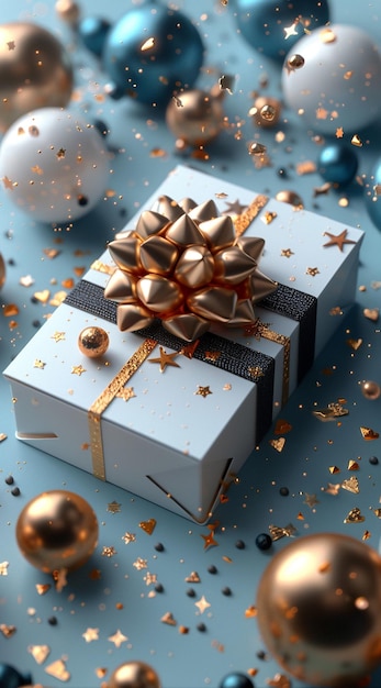 a blue gift box with a gold bow on it