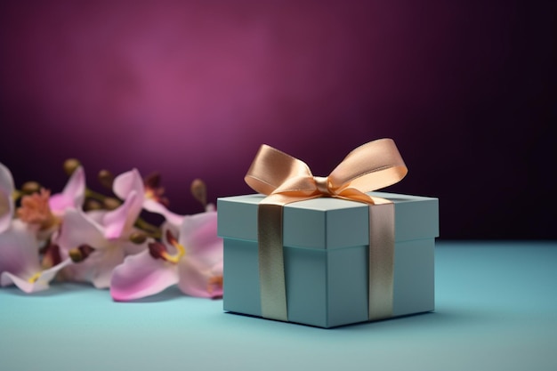 A blue gift box with a gold bow sits on a blue table with a pink flower.