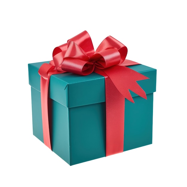 A blue gift box with a red ribbon and a red bow.