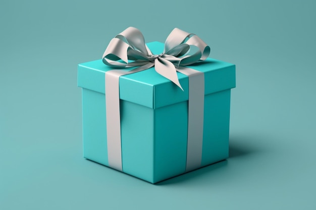 A blue gift box with a silver bow and a silver bow.