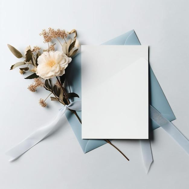 A blue gift box with a white card on it and a white flower on the top.