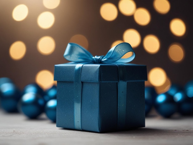 a blue gift with a blue bow on it is laying on a table