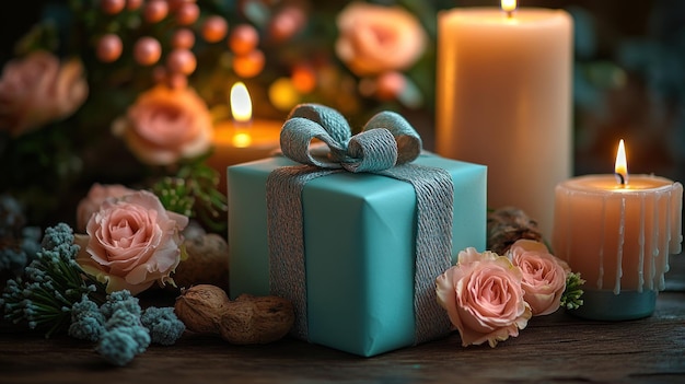 Photo a blue gift wrapped in a blue gift box with a candle next to it