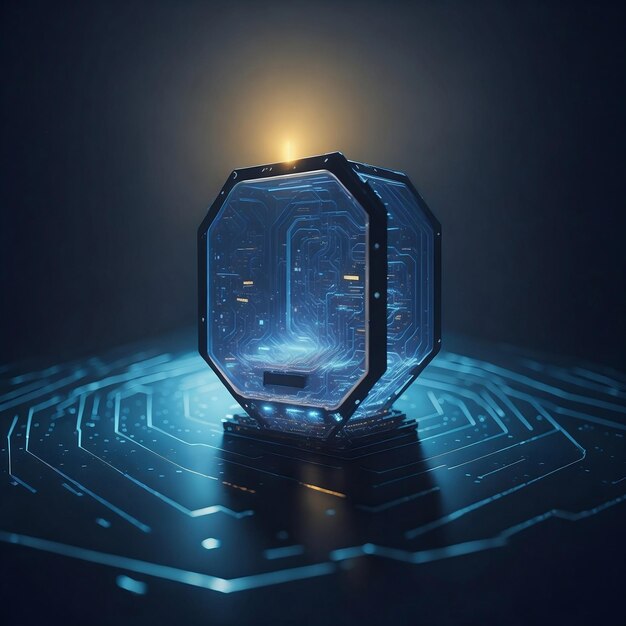 A blue glass cube with a yellow light behind it.