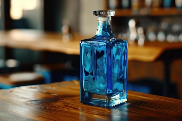 Blue glass decanter sitting on a wooden tabletop