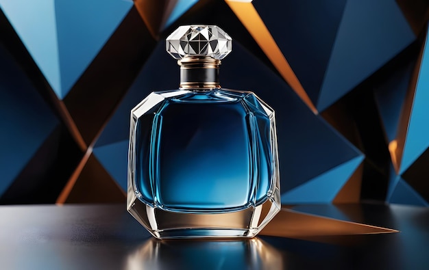 Blue Glass Perfume Bottle on Geometric Background