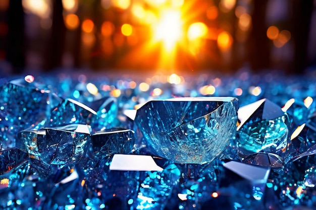 a blue glass piece of glass sits on a blue surface