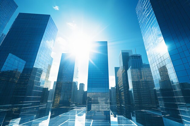 Blue glass skyscrapers reaching towards the bright sun