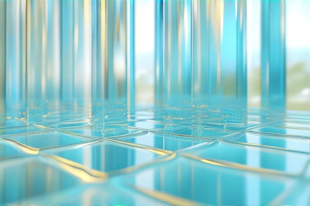 a blue glass table with gold lines and a blue background