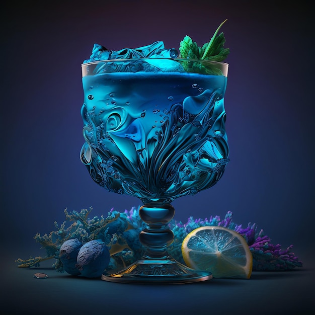 Photo a blue glass with a leafy design on it and a lemon on the bottom.