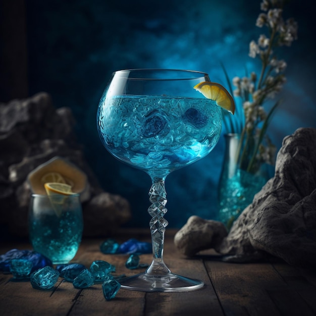 A blue glass with a lemon wedge on it