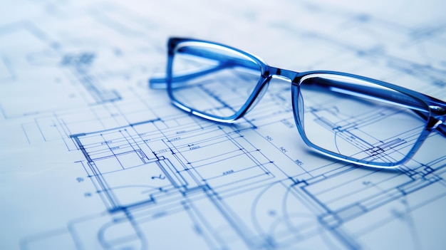 Blue glasses on architectural blueprint planning concept