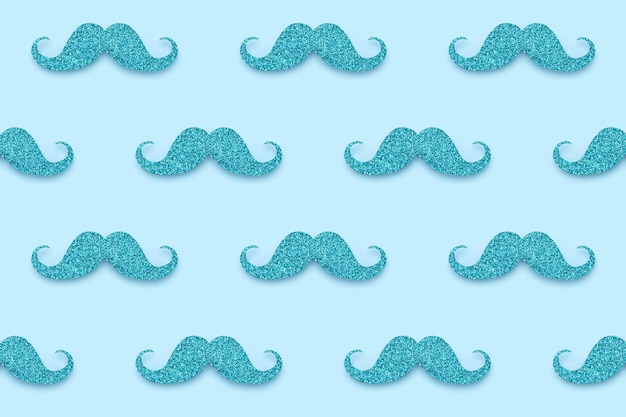 Blue glittering mustache on teal background Seamless pattern for Father's Day