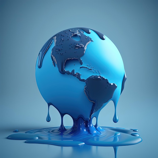 A blue globe is melting and the water is melting.