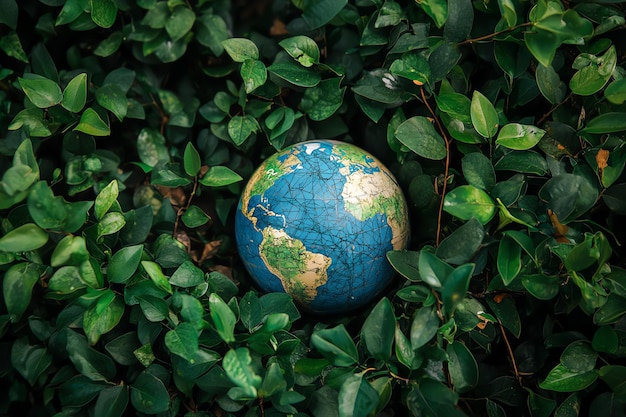 a blue globe sits among a bush with green leaves