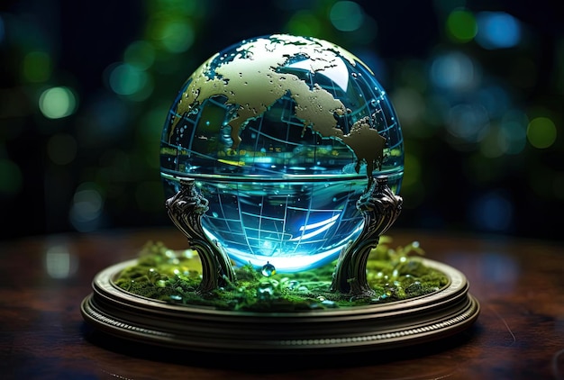 the blue globe sitting on top of a surface in the style of glassy translucence