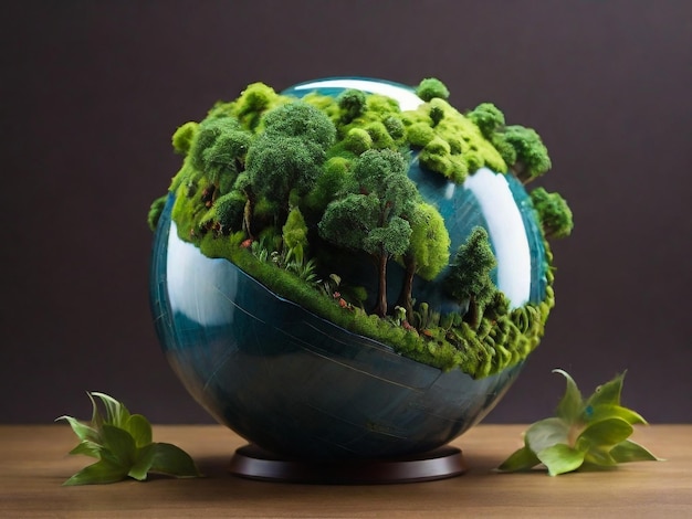 a blue globe with the grass growing out of it