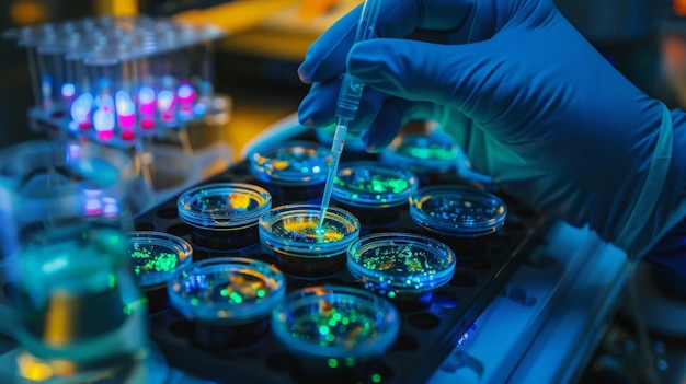 Photo blue gloved hand holding a pipette over test tubes with green and blue glowing liquid