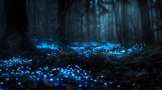 Blue glowing mushrooms in a dark forest