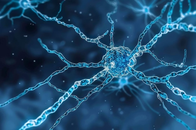 Blue glowing neurons with detailed neural connections on dark background