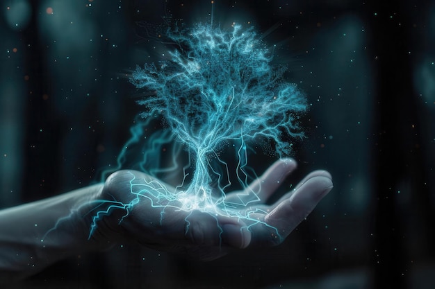 Blue glowing tree of life in the palm of a hand