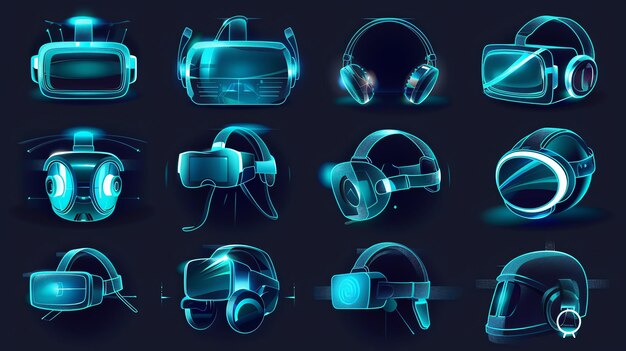 Photo blue glowing virtual reality headsets and headphones set