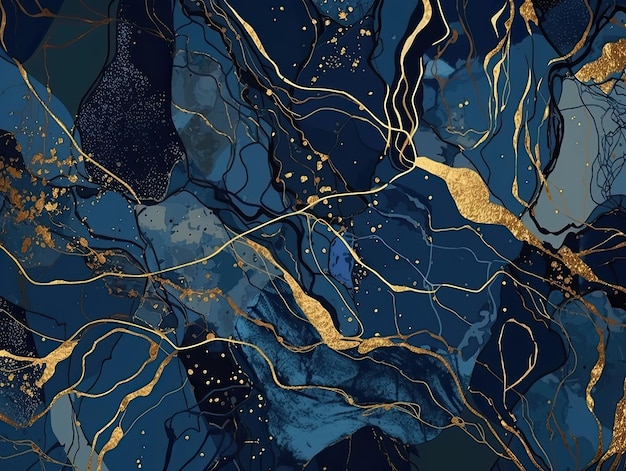 A blue and gold abstract background with gold paint.