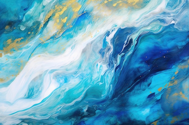 A blue and gold abstract painting with a blue liquid background.