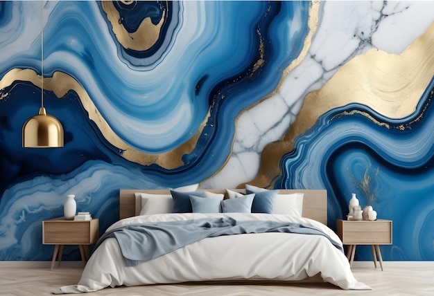 Blue And Gold Agate Marble Wall Mural Bedroom Interior Design