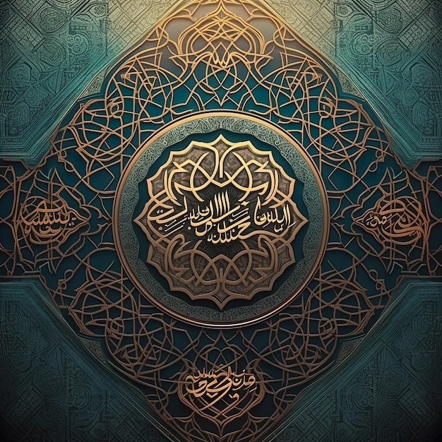 A blue and gold background with arabic writing and the words 'Jumma Mubarak' on it