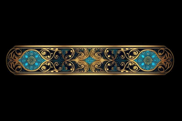 A blue and gold background with a border with gold and turquoise beads Generative AI