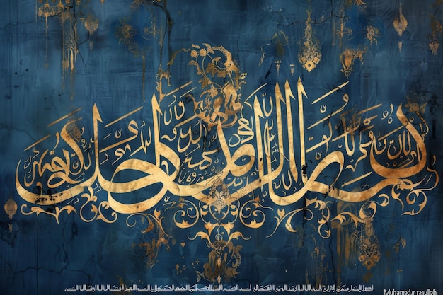 a blue and gold background with calligraphy on it