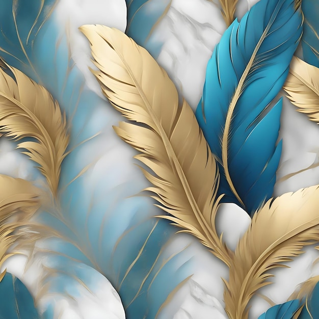 a blue and gold background with feathers and a blue background