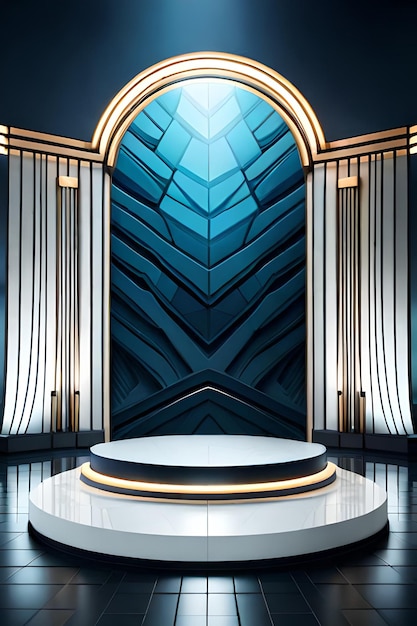 A blue and gold background with a podium in the middle.