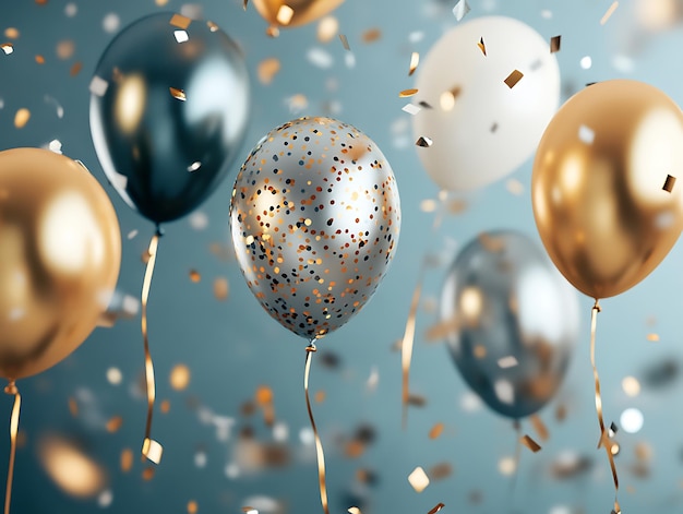 Blue and gold balloons floating with golden confetti in a festive celebration against a rustic wooden floor and textured blue backdrop