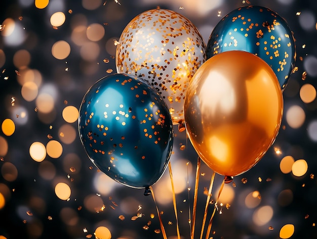 Blue and gold balloons floating with golden confetti in a festive celebration against a rustic wooden floor and textured blue backdrop