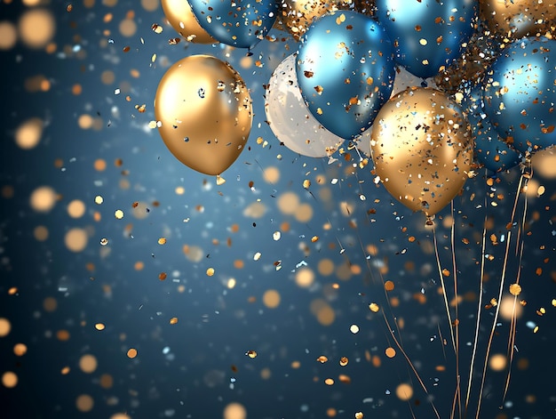 Blue and gold balloons floating with golden confetti in a festive celebration against a rustic wooden floor and textured blue backdrop