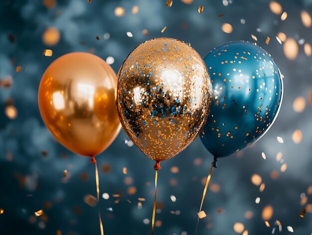 Blue and gold balloons floating with golden confetti in a festive celebration against a rustic wooden floor and textured blue backdrop