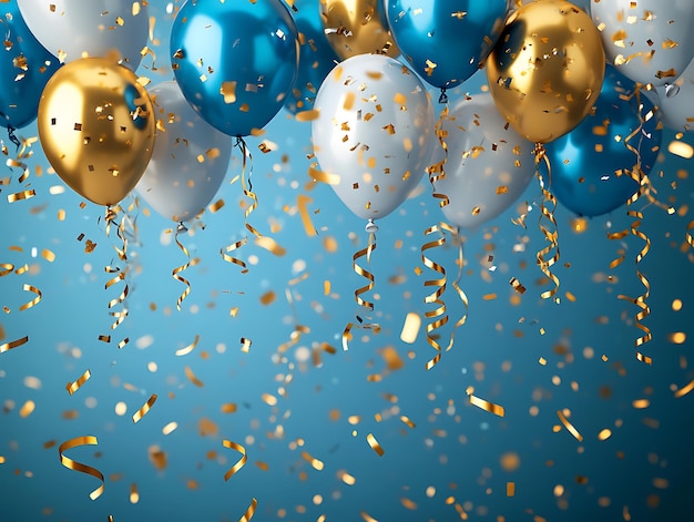 Blue and gold balloons floating with golden confetti in a festive celebration against a rustic wooden floor and textured blue backdrop