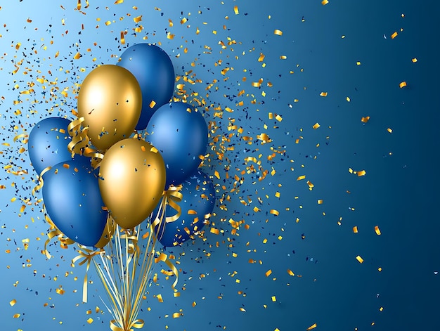 Blue and gold balloons floating with golden confetti in a festive celebration against a rustic wooden floor and textured blue backdrop