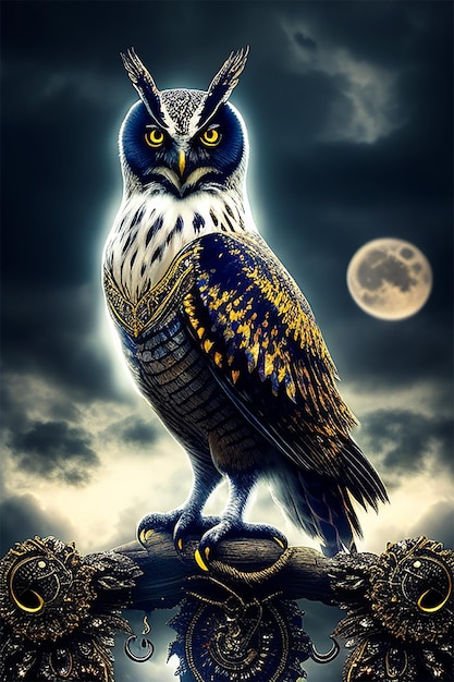 Photo a blue and gold bird is standing on a branch with a full moon in the background