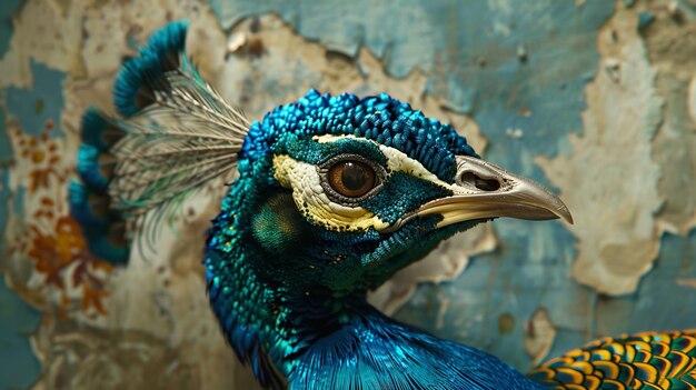 Photo a blue and gold bird with a blue head and a yellow beak