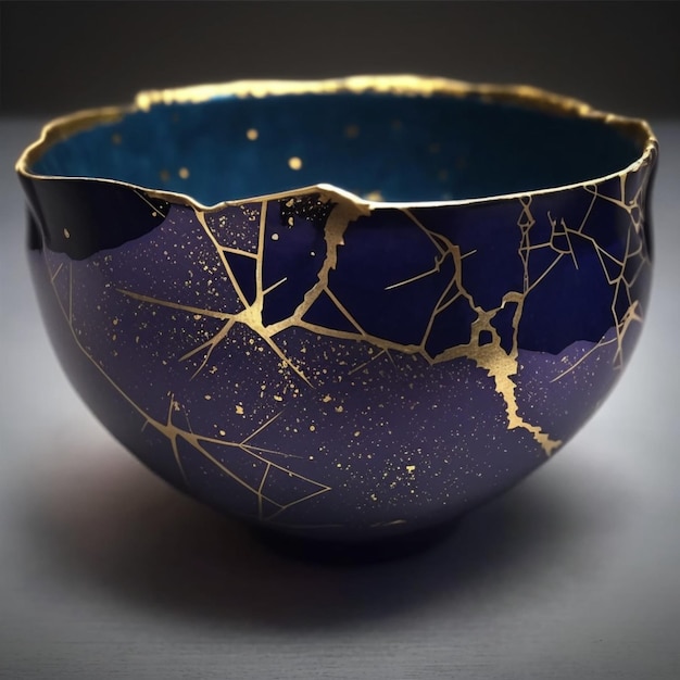 A blue and gold bowl with a cracked piece of gold