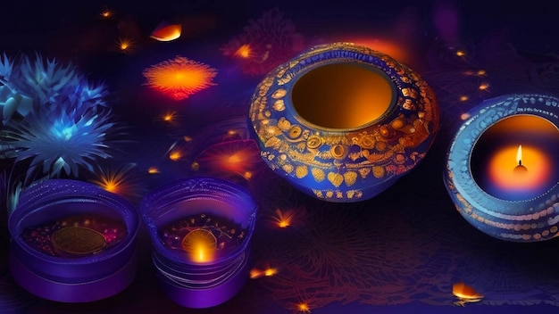 a blue and gold bowl with lights and a candle in it