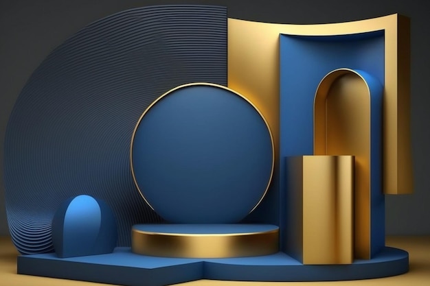 A blue and gold box with a round box and a round box with a round box in the middle.