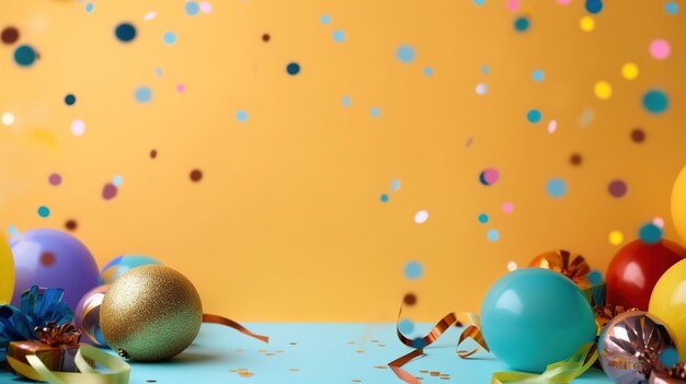 A blue and gold easter egg sits on a blue table with confetti in the background.