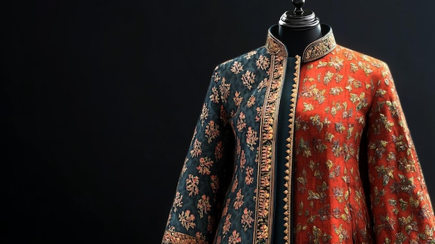 a blue and gold embroidered jacket with a floral design