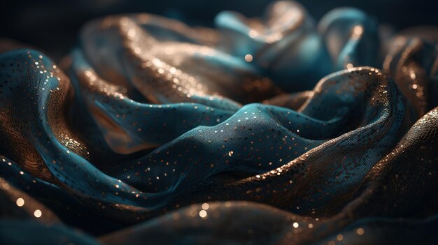 Blue and Gold Fabric in Wavy Bokeh Abstract Background Generative AI