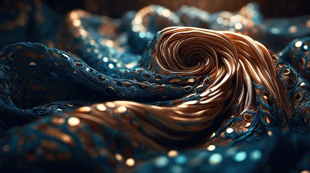 Blue and Gold Fabric in Wavy Bokeh Abstract Background Generative AI